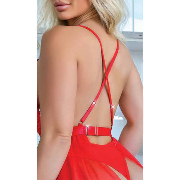 Serenk Sexshop Kırmızı Şık Dantel Işlemeli Seksi Askılı Slim Fit ÇORAPLI Jartiyer Takımı