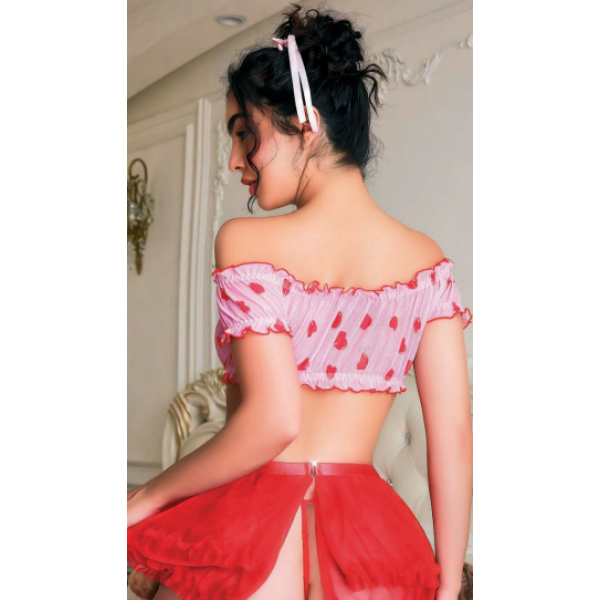 Serenk Sexshop Seksi Kırmızı Kalp Desenli Şık Pembe  Fantezi Kostüm