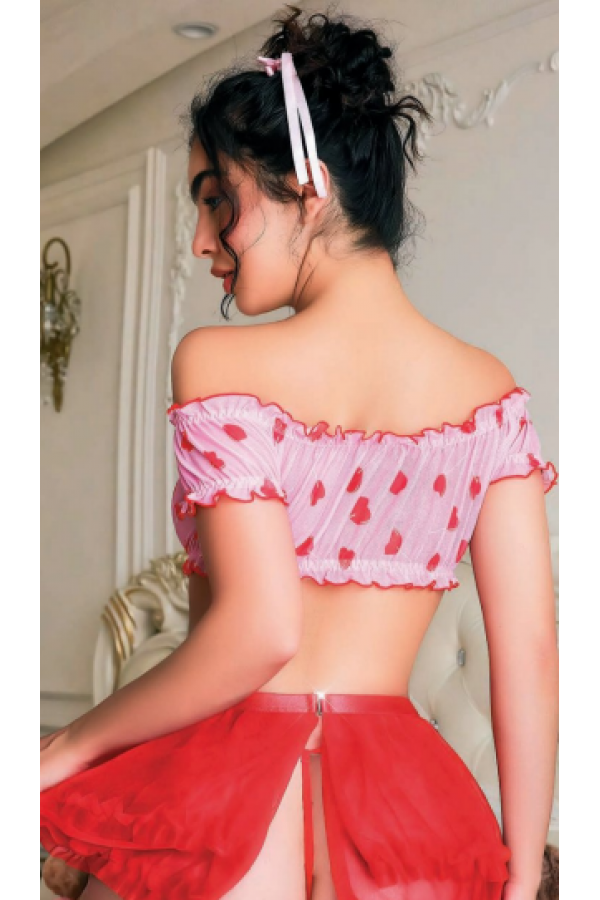 Serenk Sexshop Seksi Kırmızı Kalp Desenli Şık Pembe  Fantezi Kostüm