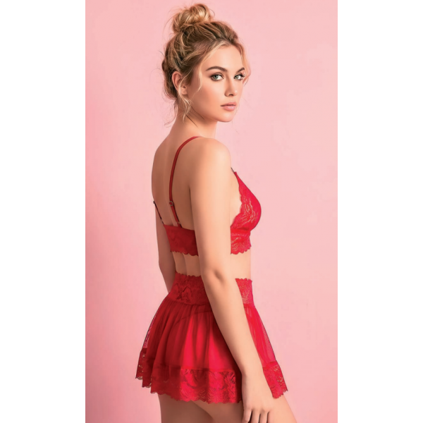 Serenk Sexshop Kırmızı Tül Fırfırlı Etekli Sütyen Takım