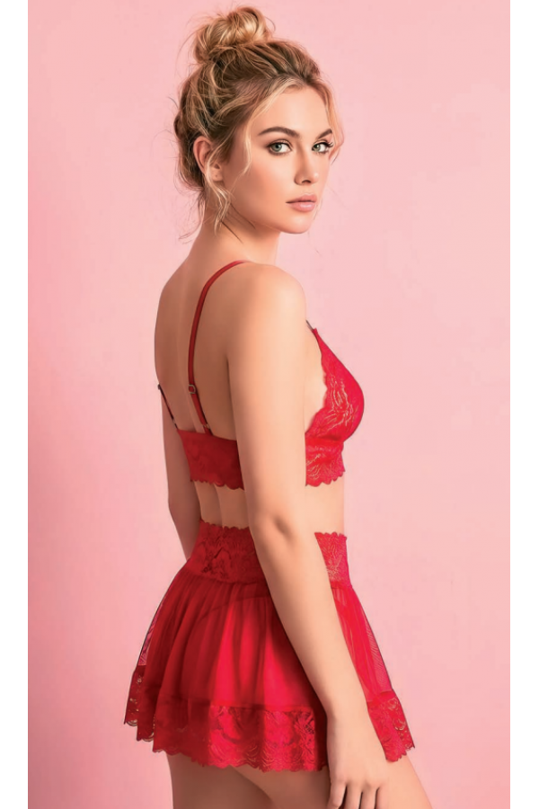 Serenk Sexshop Kırmızı Tül Fırfırlı Etekli Sütyen Takım
