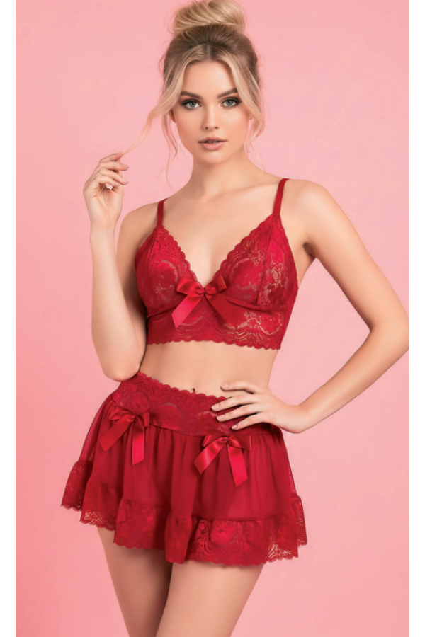 Serenk Sexshop Kırmızı Tül Fırfırlı Etekli Sütyen Takım