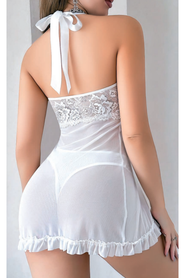 Beyaz Gecelik Takımı Kilotlu  iç Giyim Tüllü Dantelli Gecelik 