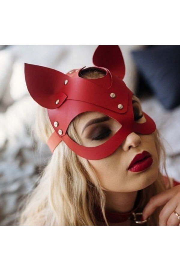 Deri Kırmızı Kedi Kız Sexsi Maske Fetis Shop